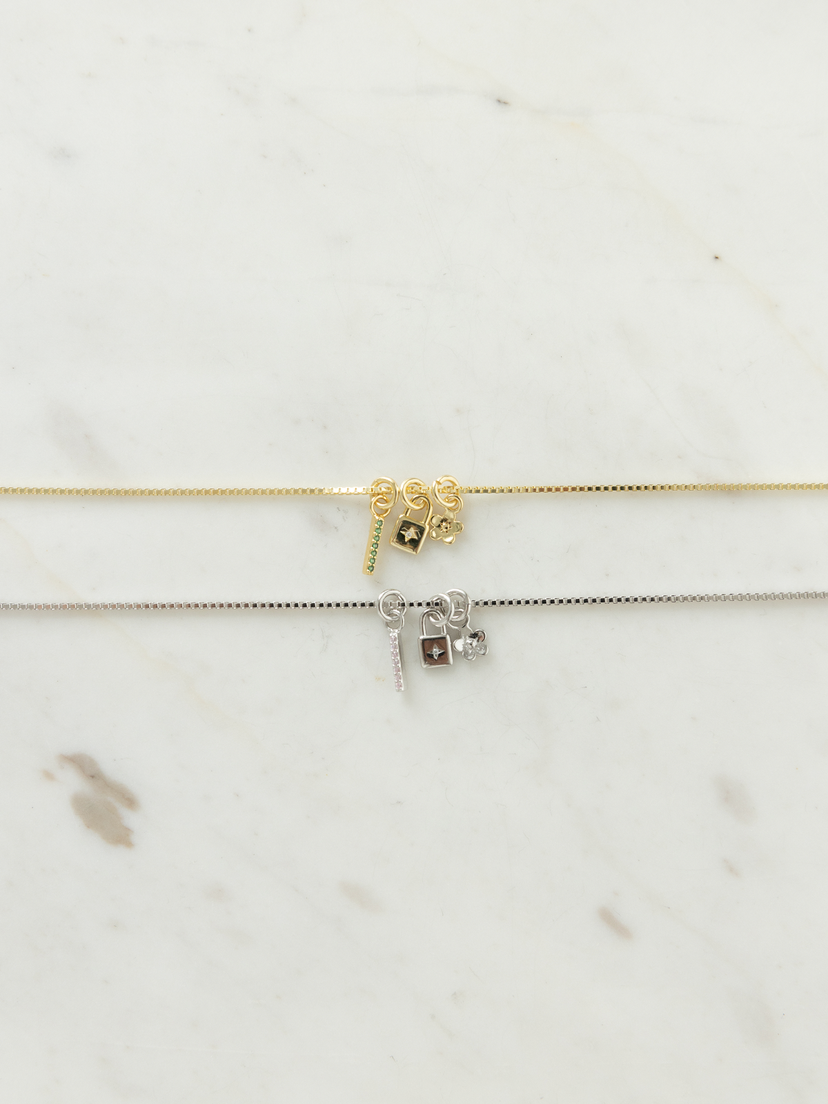 Two Mix It Ups on box chains in sterling silver & gold plated