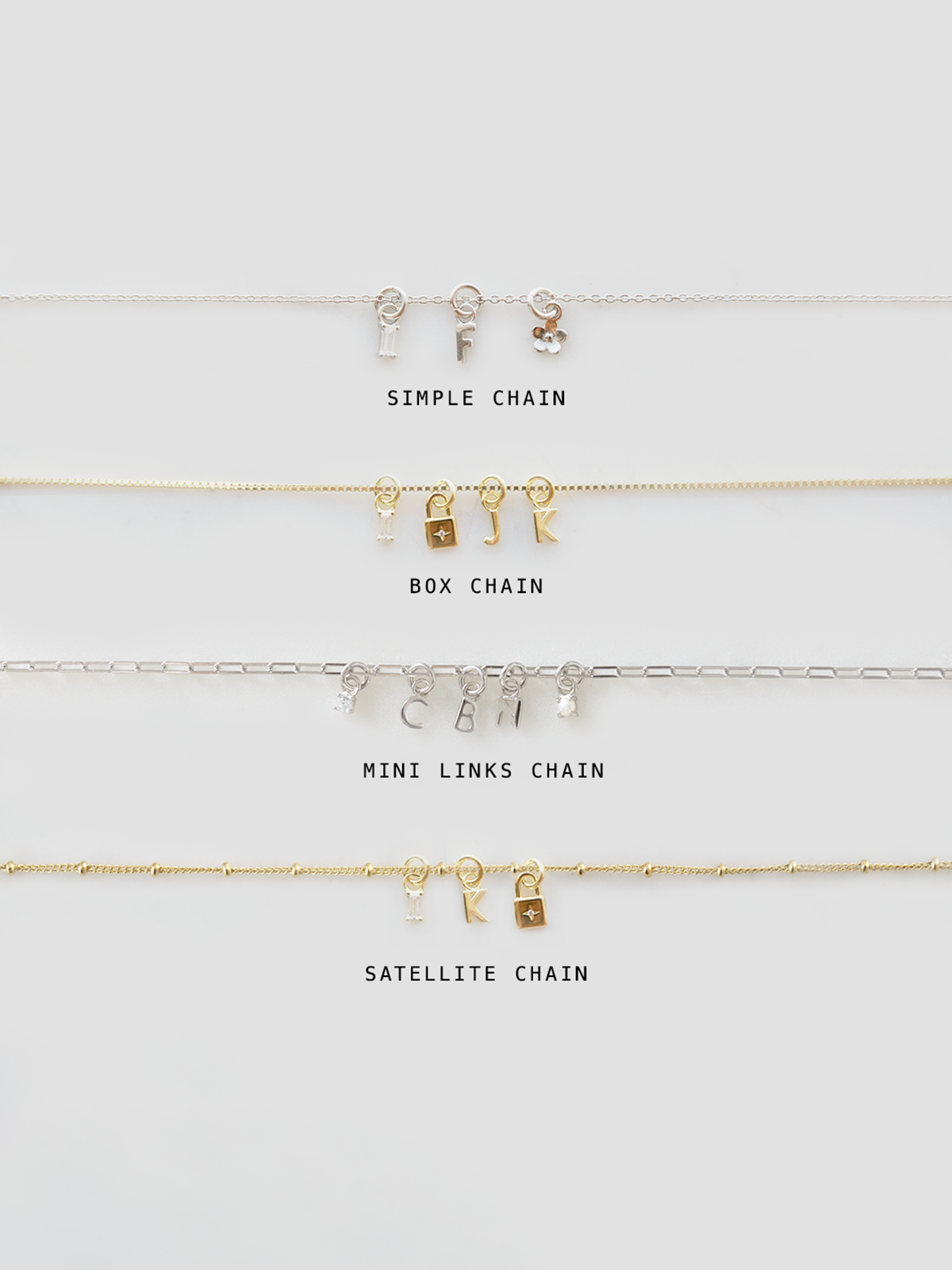 Collection of gold necklaces with different chain styles on a white background