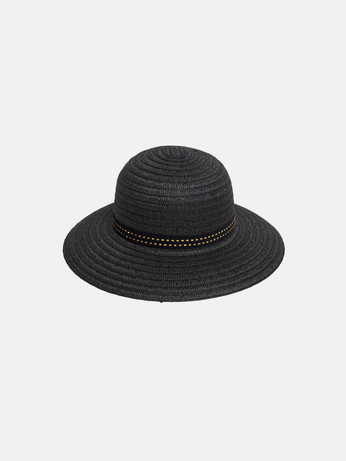 Black straw hat with a yellow band on a light gray background