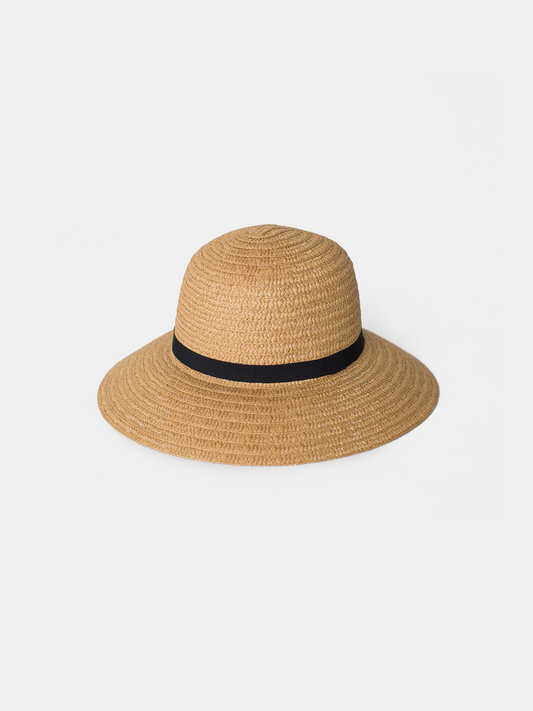 Beige straw hat with a black band on a light gray background