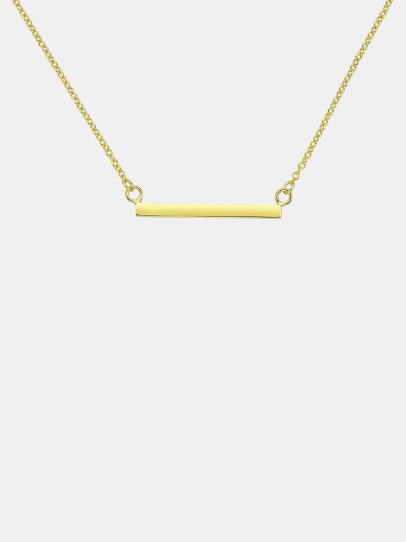 Gold necklace with a bar pendant on a white background