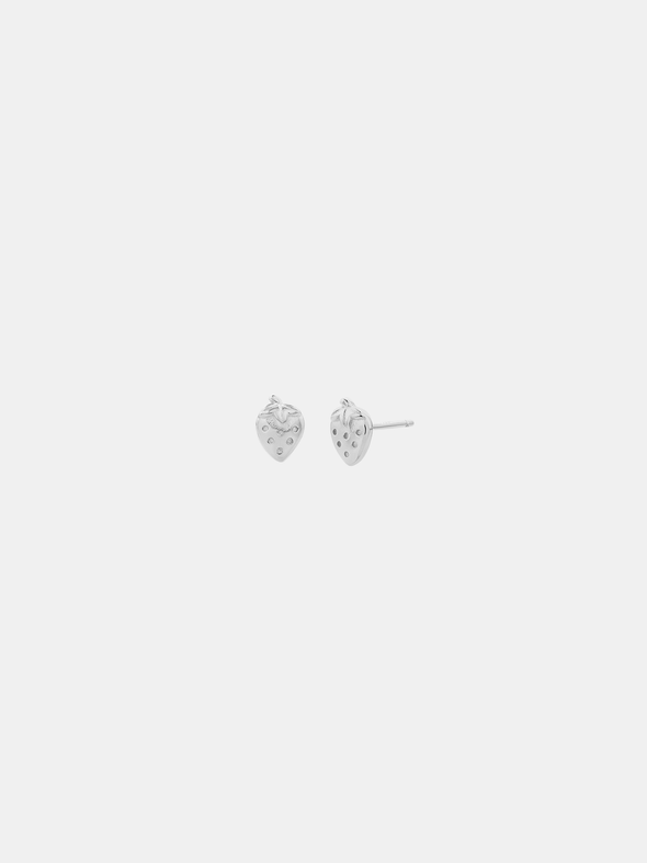 Pair of silver strawberry-shaped earrings on a light gray background