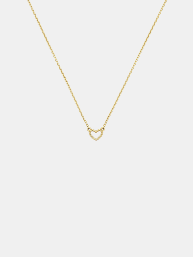 Solid gold dotty love heart-shaped pendant necklace on a light gray background