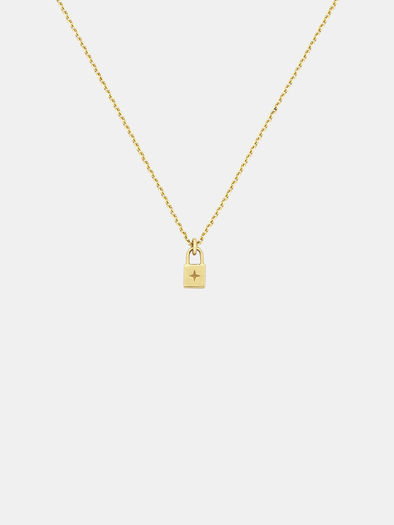 Solid gold necklace with a small padlock pendant on a light gray background