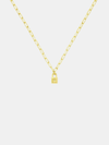 Gold necklace with a lock-shaped pendant on a light gray background