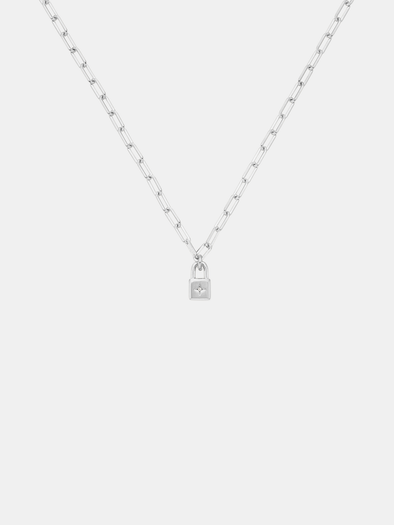 Silver necklace with a lock pendant on a white background
