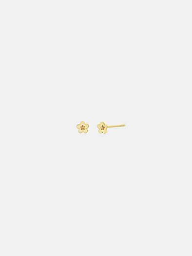 Pair of solid gold flower-shaped stud earrings on a white background