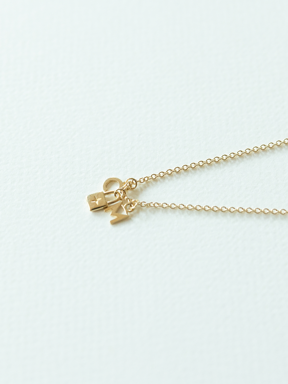 Solid gold mix it up necklace on cable chain with three small pendants on a white background