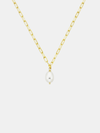 Gold chain necklace with a single pearl pendant on a light gray background