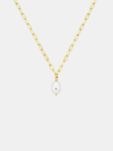 Gold chain necklace with a single pearl pendant on a light gray background
