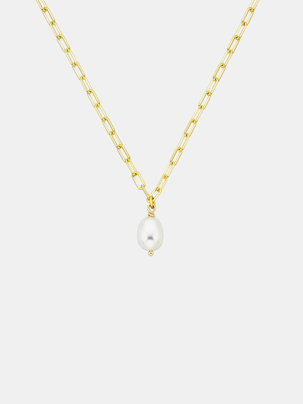 Gold chain necklace with a single pearl pendant on a light gray background