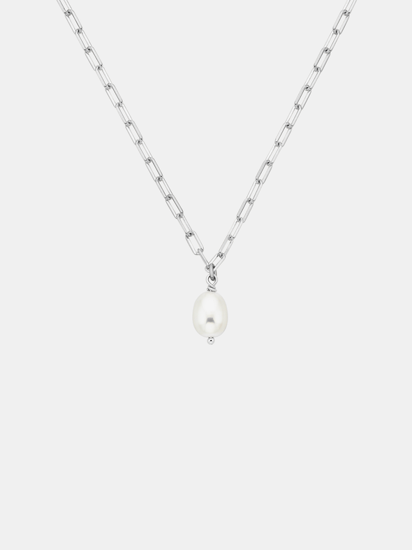 Necklace with a single pearl pendant on a light gray background