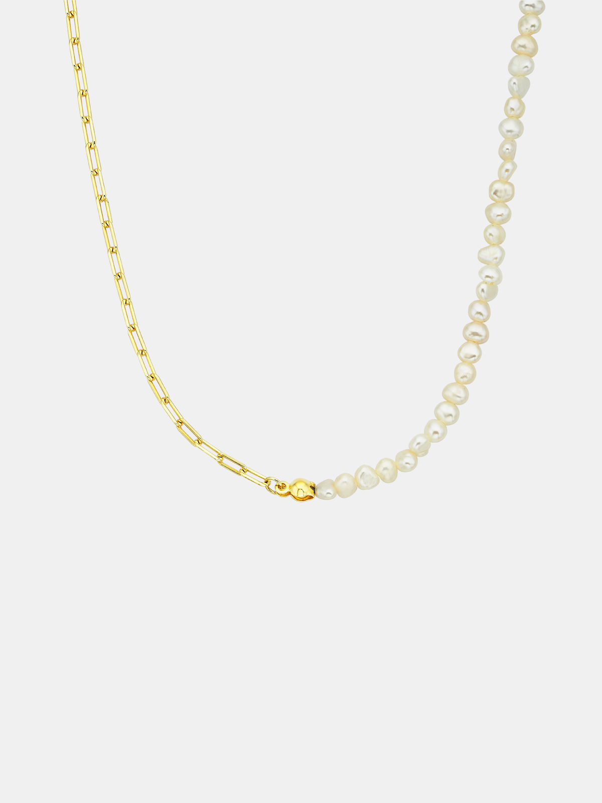 Pearl necklace with gold chain on a white background