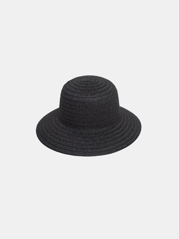 Black straw hat on a light gray background