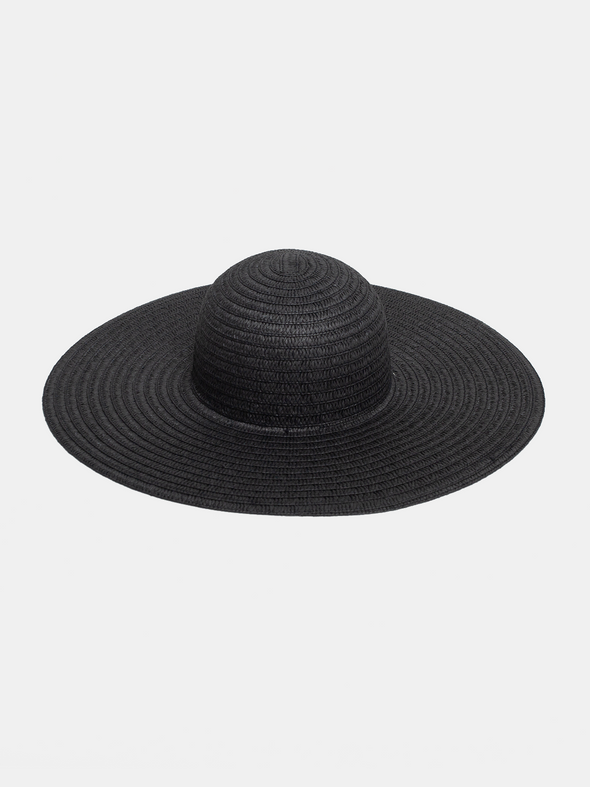 Black straw hat on a light gray background