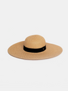 Straw hat with a black band on a light beige background