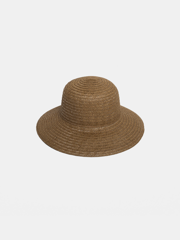Moss green straw hat on a light beige background