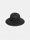 Black straw hat with a yellow band on a light gray background