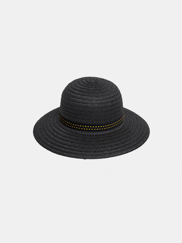 Black straw hat with a yellow band on a light gray background