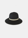 Black straw hat with a beige band on a white background