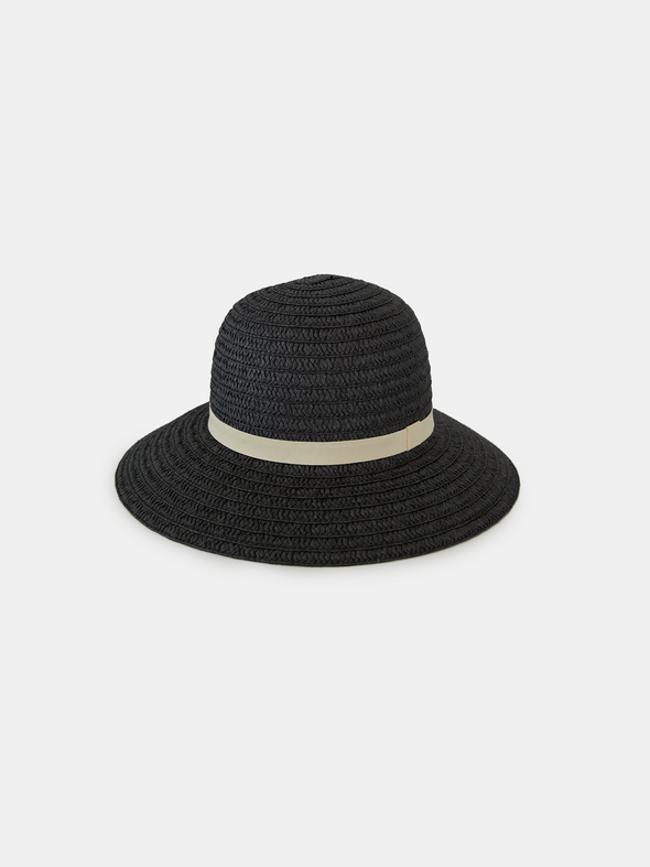 Black straw hat with a beige band on a white background