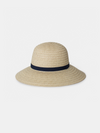 Beige straw hat with a black band on a light gray background