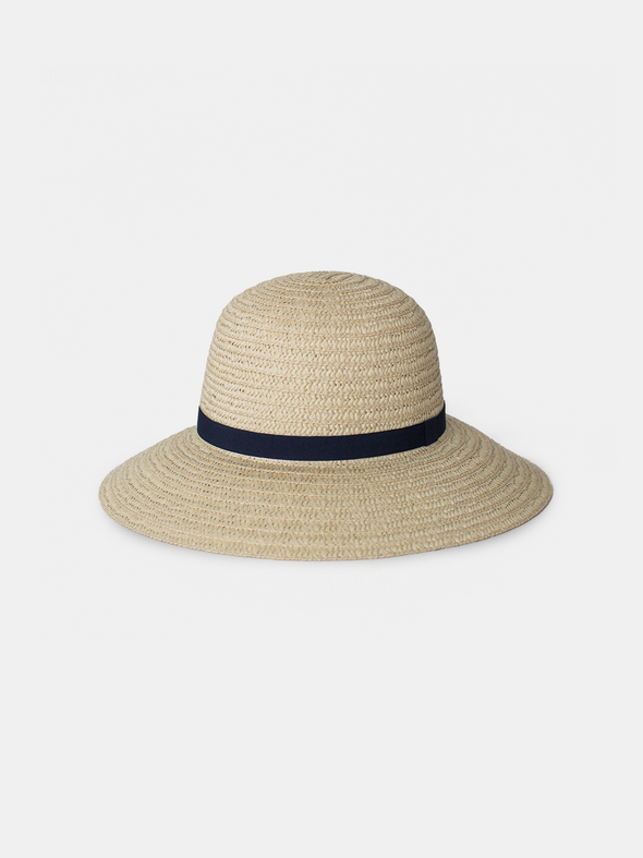 Beige straw hat with a black band on a light gray background