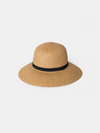 Beige straw hat with a black band on a light gray background