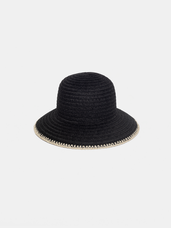 Black straw hat with an ivory trim on a white background