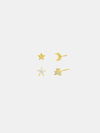 Set of gold earrings including star, moon, and cross designs on a white background
