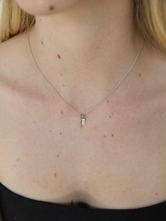 Necklace with a small birthstone & letter pendant on a person's neckline